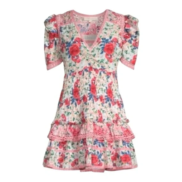 LoveShackFancy Rena Rose Floral Ruffle Mini Dress in Rush of Red Women’s Medium - Picture 6 of 16